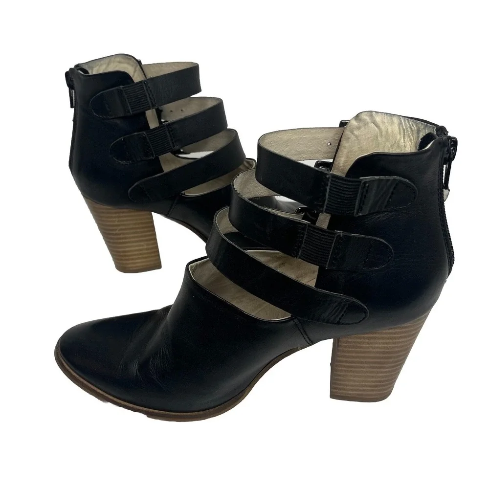 Seychelles Haywire Booties Black Leather Buckle Zip Stacked Heel Womens Size 8.5